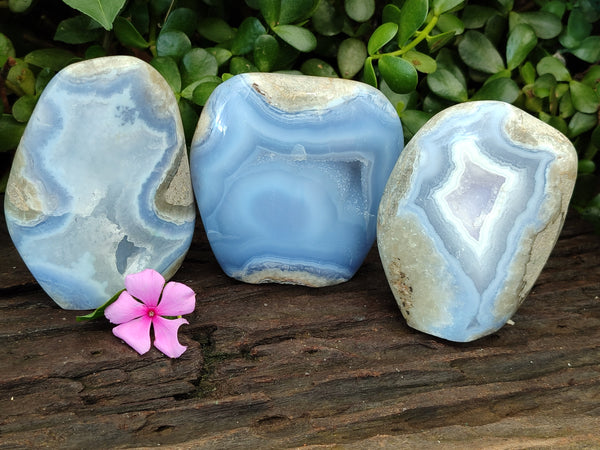 Polished Blue Lace Agate Geodes x 3 From Malawi