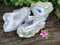 Natural Blue Lace Agate Geode Specimens x 3 From Malawi