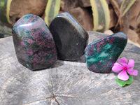 Polished Ruby Corundum In Chrome Verdite Standing Free Forms x 3 From Zimbabwe