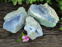 Natural Blue Lace Agate Geode Specimens x 3 From Nsanje, Malawi