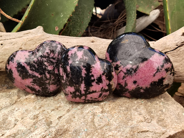 Polished Rhodonite Gemstone Hearts x 3 From Ambindavato, Madagascar