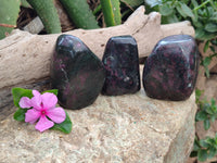 Polished Ruby Corundum In Chrome Verdite Standing Free Forms x 3 From Zimbabwe