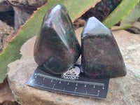 Polished Ruby Corundum In Chrome Verdite Standing Free Forms x 3 From Zimbabwe