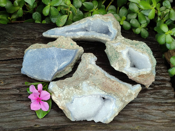 Natural Blue Lace Agate Geode Specimens x 4 From Nsanje, Malawi