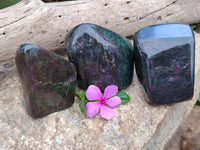 Polished Ruby Corundum In Chrome Verdite Standing Free Forms x 3 From Zimbabwe