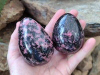 Polished Rhodonite Eggs and a heart x 3 From Ambindavato, Madagascar