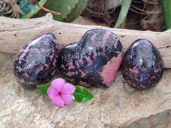 Polished Rhodonite Eggs and a heart x 3 From Ambindavato, Madagascar