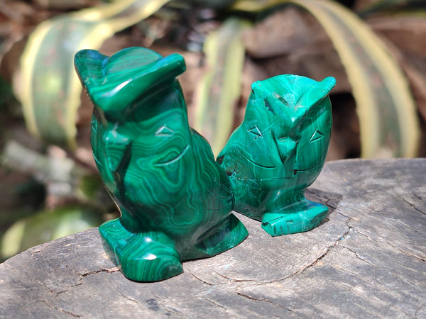 Hand Made Flower Malachite Owl Carvings x 6 From Congo