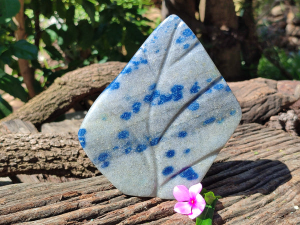 Polished Blue Spinel Spotted Quartz Leaf Sculpture x 1 From Madagascar