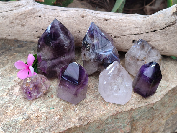 Polished Smokey Window Amethyst Quartz Crystals x 7 From Akansobe, Madagascar