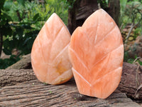 Polished Orange Twist Calcite Leaf Carving Standing Free Forms x 2 From Madagascar