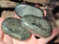 Polished Rare Pharaoh Stone Pyrite in Basalt Galet-Palm Stones x 12 Iron Duke Mine, Zimbabwe