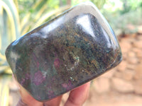 Polished Ruby Corundum In Chrome Verdite Standing Free Forms x 3 From Zimbabwe