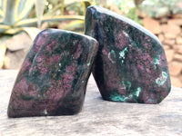 Polished Ruby Corundum In Chrome Verdite Standing Free Forms x 3 From Zimbabwe