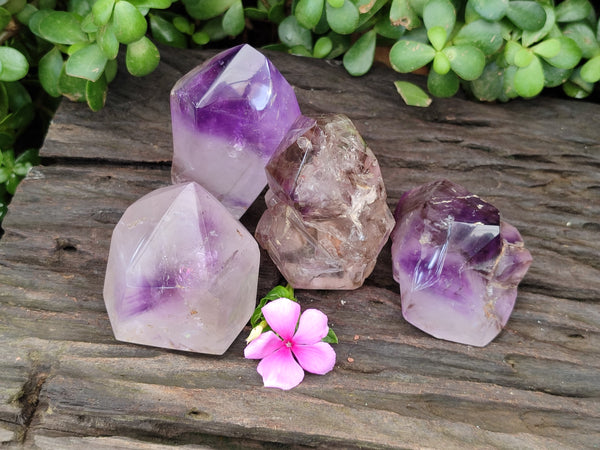 Polished Smokey Window Amethyst Crystals x 4 From Madagascar