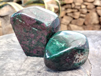 Polished Ruby Corundum In Chrome Verdite Standing Free Forms x 3 From Zimbabwe