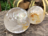 Polished Frosted Quartz Spheres with Rainbow Veils x 2 From Madagascar