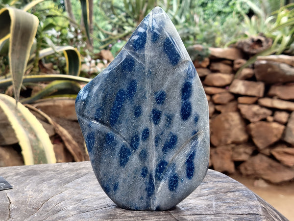 Polished Blue Spinel Spotted Quartz Leaf Sculpture x 1 From Madagascar