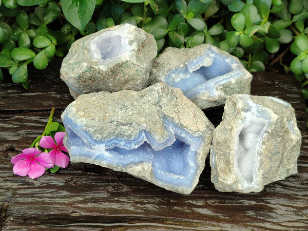 Natural Blue Lace Agate Geode Specimens x 4 From Nsanje, Malawi