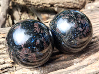 Polished Rare Iolite Spheres with Pink Feldspar Spots x 2 From Madagascar