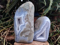 Polished Blue Lace Agate Standing Geodes x 4 From Nsanje, Malawi