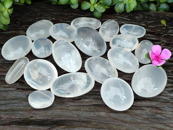 Polished Girasol Pearl Quartz Palm Stones x 24 From Ambatondrazaka, Madagascar