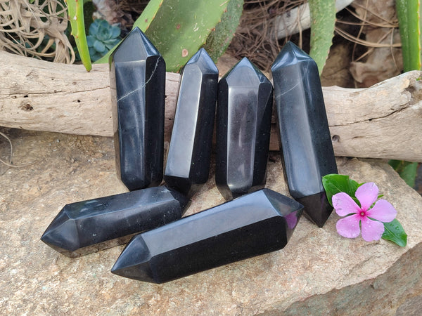 Polished Black Basalt Double Terminated Points x 6 From Antsirabe, Madagascar