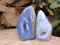 Polished Blue Lace Agate Geode Standing Free Forms x 6 From Nsanje, Malawi