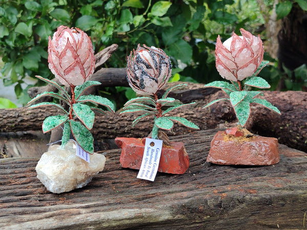 Hand Made Gemstone Protea Flower Trees x 3 From South Africa