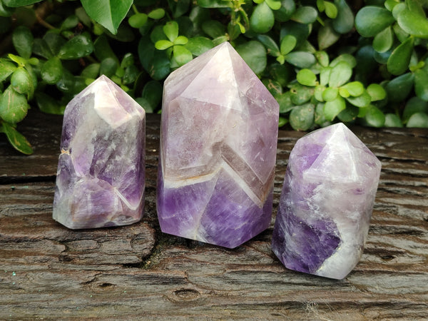 Polished Smokey Chevron Amethyst Points x 3 From Madagascar