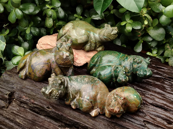 Hand Made Green Verdite Hippo Carvings x 4 From Zimbabwe