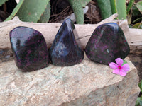 Polished Ruby Corundum In Chrome Verdite Standing Free Forms x 3 From Zimbabwe