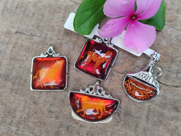 Polished Mixed Baltic Amber Pendants on Sterling Silver x 4 From Poland