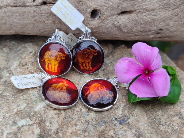 Polished Baltic Amber Buffalo Pendants on Sterling Silver x 4 From Poland