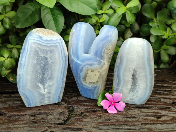 Polished Blue Lace Agate Geodes Standing Free Form x 3 From Nsanje, Malawi