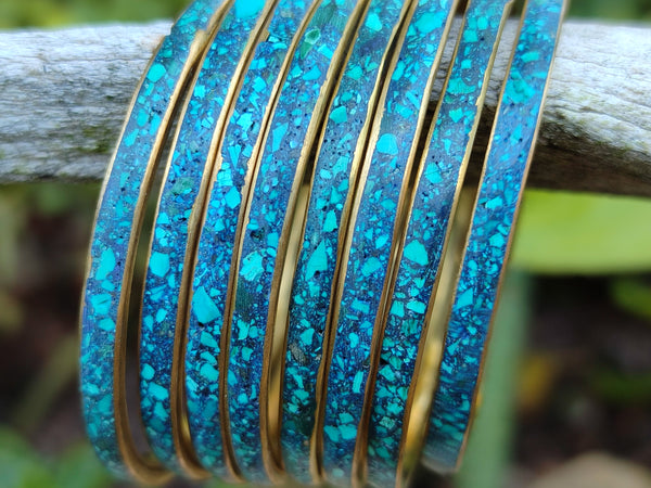 Hand Made Chrysocolla and Malachite Conglomerate Brass Bangles - Sold per Item - From Congo