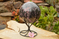 Polished Extra Large Pink & Black Rhodonite Sphere & Custom Metal Stand  x 2 From Madagascar - TopRock