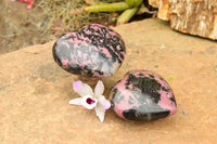 Polished Pink & Black Rhodonite Hearts  x 2 From Ambindavato, Madagascar - TopRock