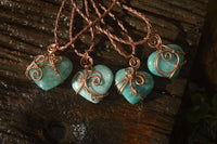 Polished Small Amazonite Heart Copper Wire Wrapped Pendants - Sold Per Piece -  From Madagascar