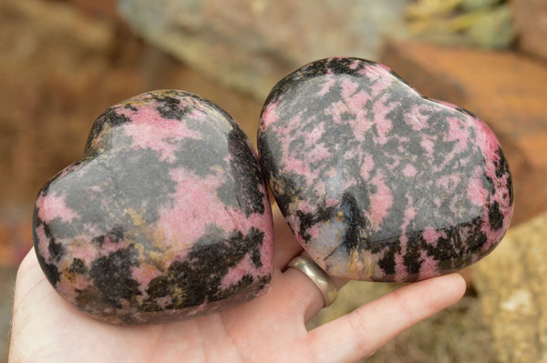 Polished Pink & Black Rhodonite Hearts  x 2 From Ambindavato, Madagascar - TopRock