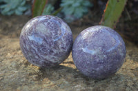 Polished Purple Lepidolite Spheres (One With Rubellite) x 2 From Madagascar