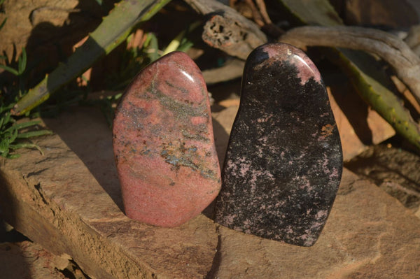 Polished Rhodonite and Chromite Standing Display Free Forms x 2 From Madagascar