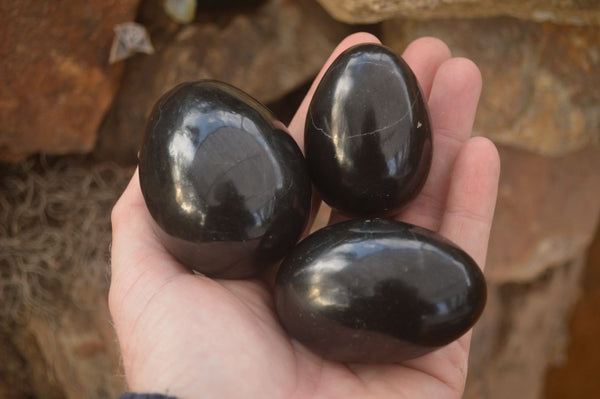 Polished  Black Basalt Gemstone Eggs x 6 From Madagascar