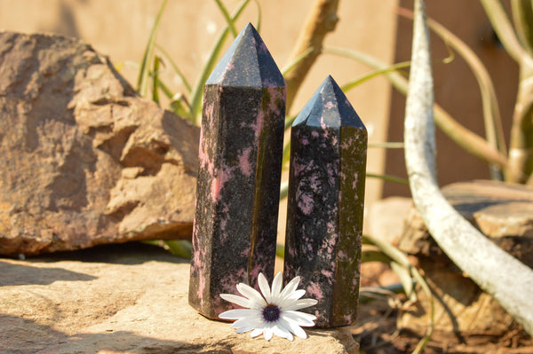 Polished Pink & Black Rhodonite Points  x 2 From Ambindavato, Madagascar - TopRock