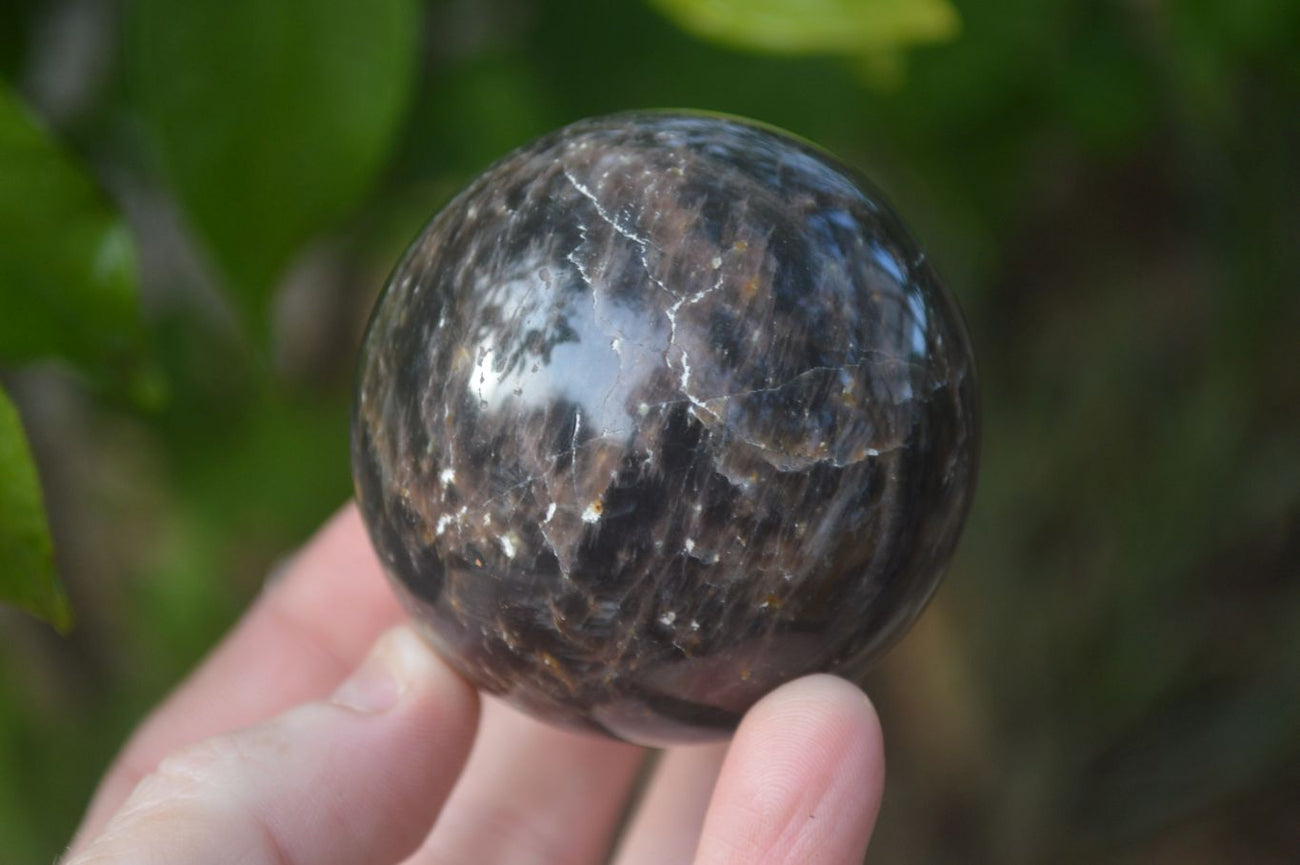 Hot Black Moonstone with Green Hornblende Sphere