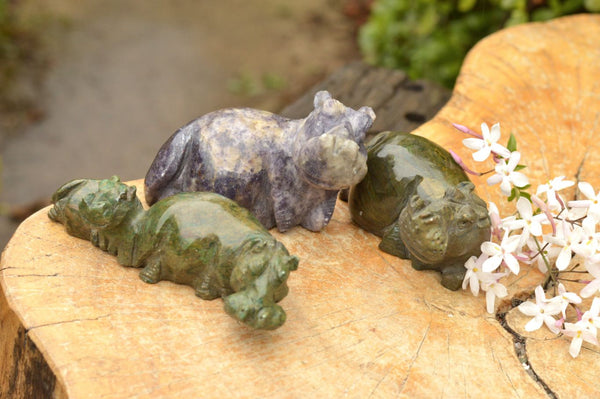 Polished Hand Carved Verdite & Lepidolite Hippos  x 3 From Zimbabwe - TopRock