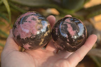 Polished  Pink & Black Rhodonite Spheres x 4 From Madagascar