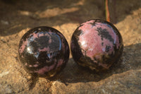 Polished  Pink & Black Rhodonite Spheres x 4 From Madagascar