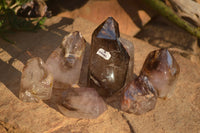 Polished Smokey Amethyst Window Quartz Crystals x 6 From Ankazobe, Madagascar