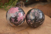 Polished  Pink & Black Rhodonite Spheres x 2 From Madagascar